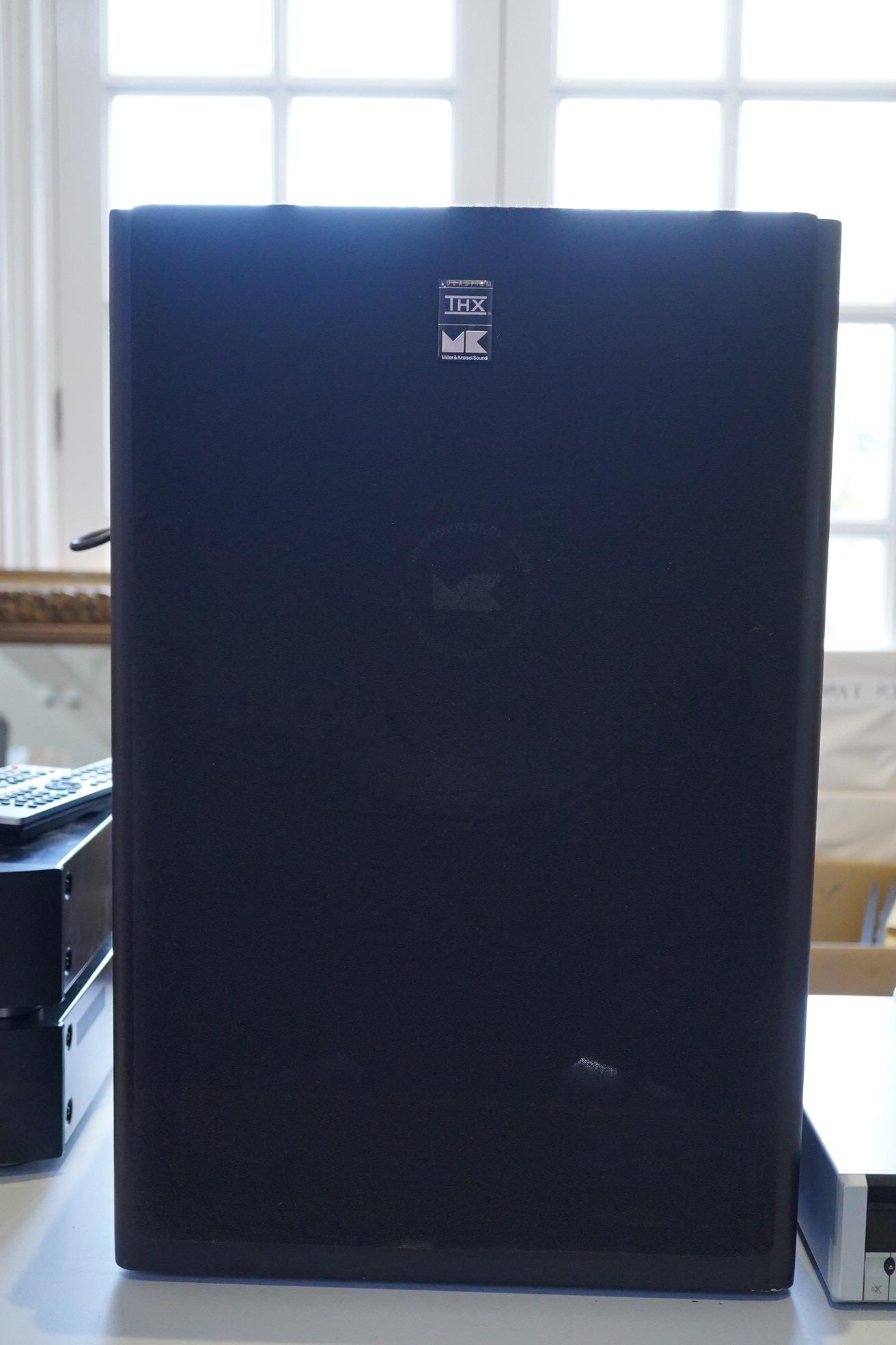 A Miller & Kreisel Sound MX-150THX Mk.II powered subwoofer bass speaker, serial number 430030, 59cm high, 39cm wide, 46cm deep